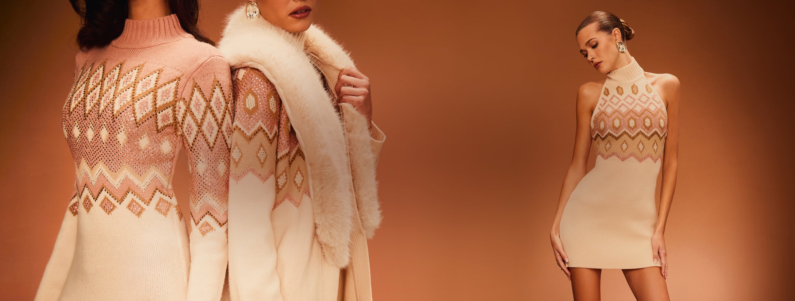 Collage of women wearing knitted dresses in argile pattern on a warm brown background