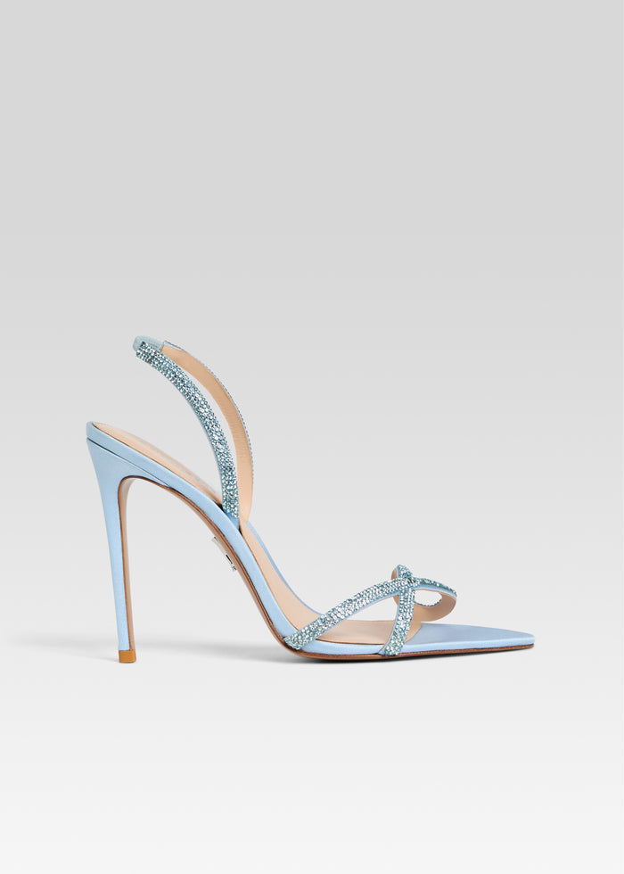 Side view of a light blue Nini Embellished Sandal with crystal straps and a stiletto heel media 1 of 5