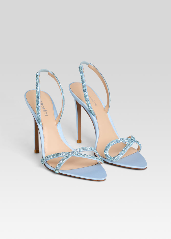 Light blue embellished sandal with crystal straps, open toe and slender stiletto heel media 4 of 5