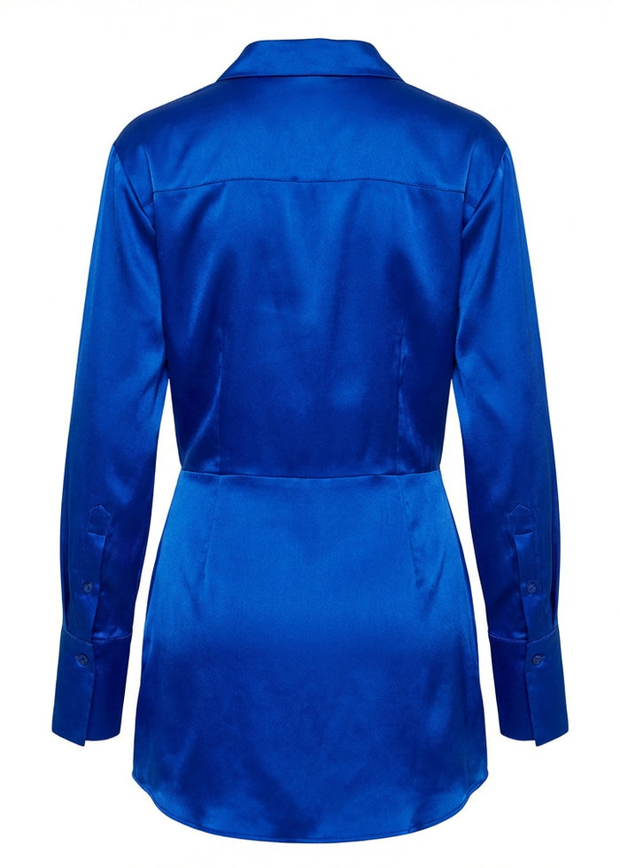 Back view of Shomari Silk Dress in electric blue satin with long sleeves and curved hem media 2 of 2