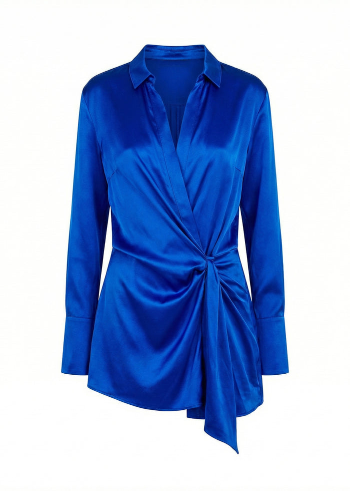 Shomari Silk Dress in electric blue satin with a wrap front and waist knot media 1 of 2