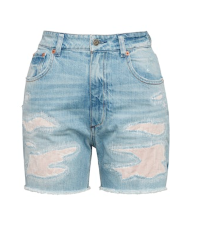 MIA Shorts in light denim with distressed patches and frayed hems media 1 of 1