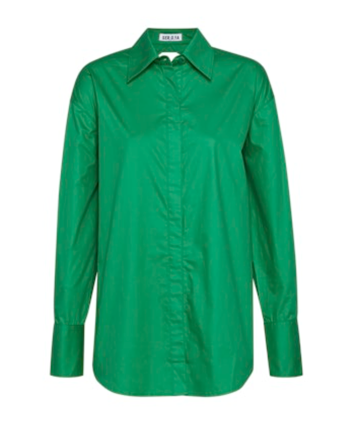 Green collared long sleeve shirt with a button front on a white background media 1 of 1