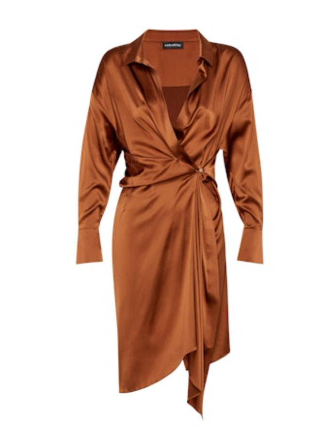 Copper satin wrap dress with long sleeves and an asymmetrical draped hem media 1 of 1