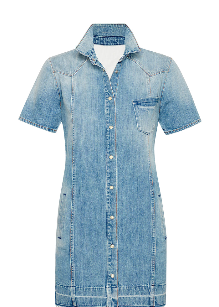 Anne Dress light denim shirt dress with short sleeves chest pocket and button front media 1 of 1