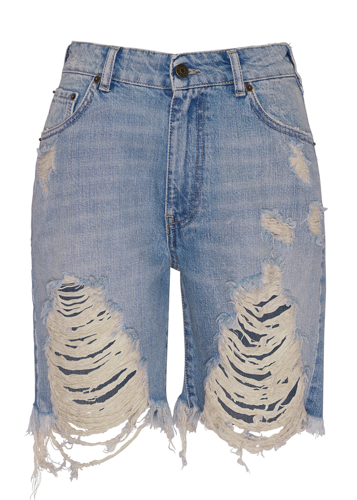 Sammy mid rise denim shorts in light wash with large ripped knees and frayed hems media 1 of 1