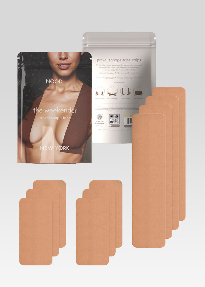 NOOD weekender travel shape tape front packaging with a stack of nude color tape strips in front of it media 1 of 2