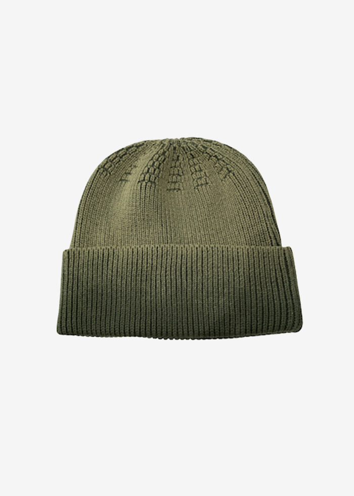 Olive green knit beanie with a thick folded cuff media 1 of 1