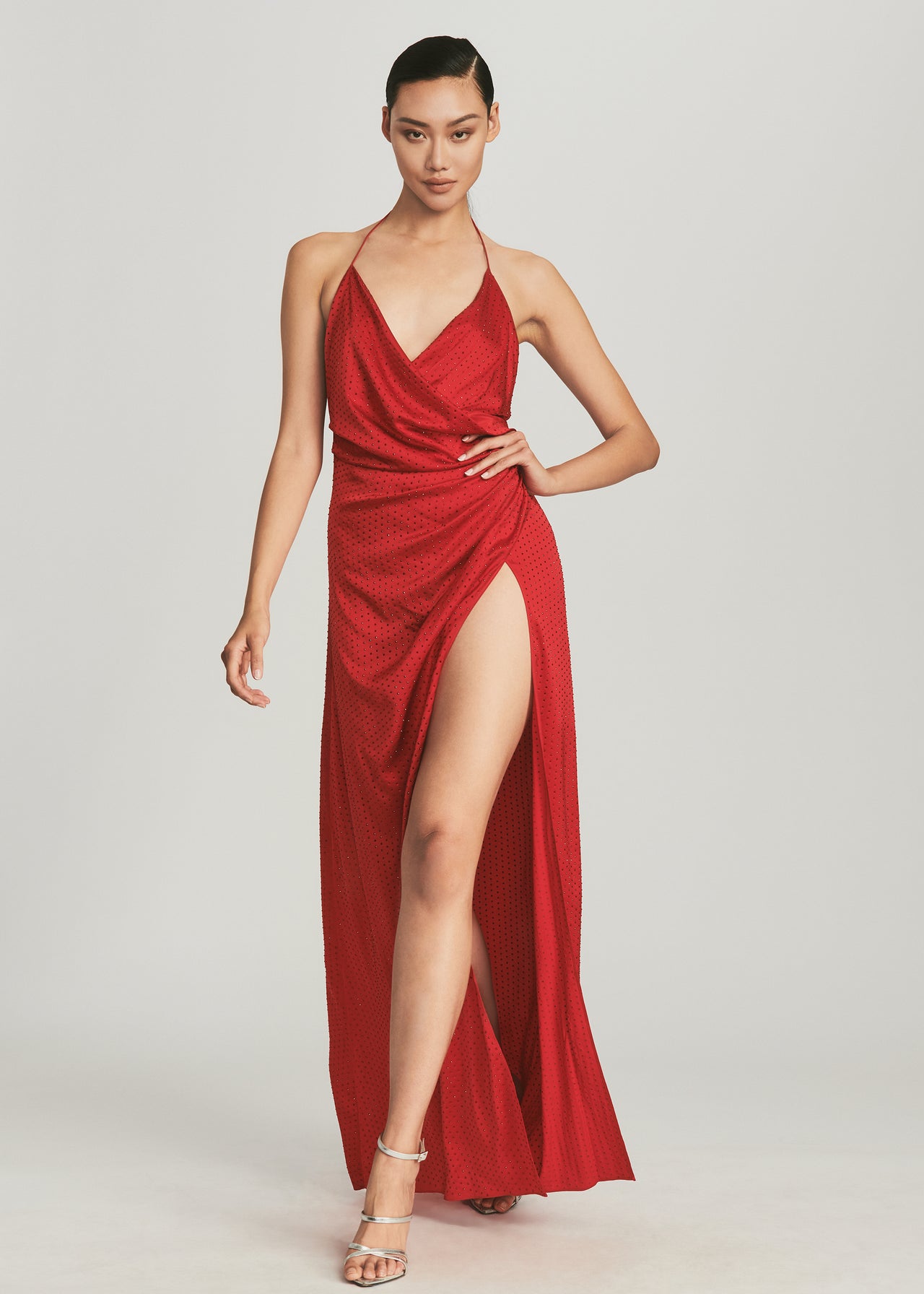 San Marino Embellished Side Split Maxi Dress in Red
