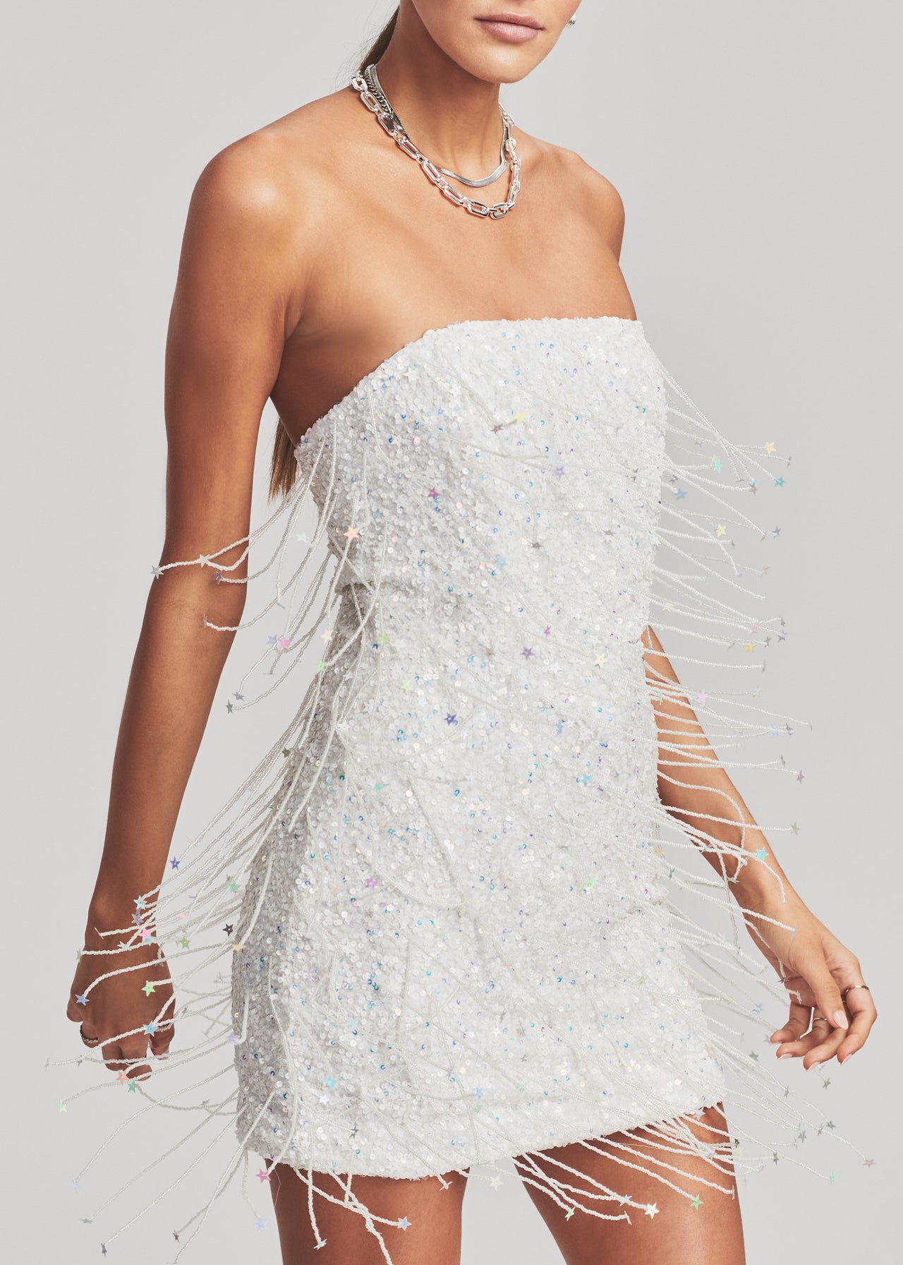 RETROFÉTE Women's Heather Sequin Star Fringe Dress White with Stars