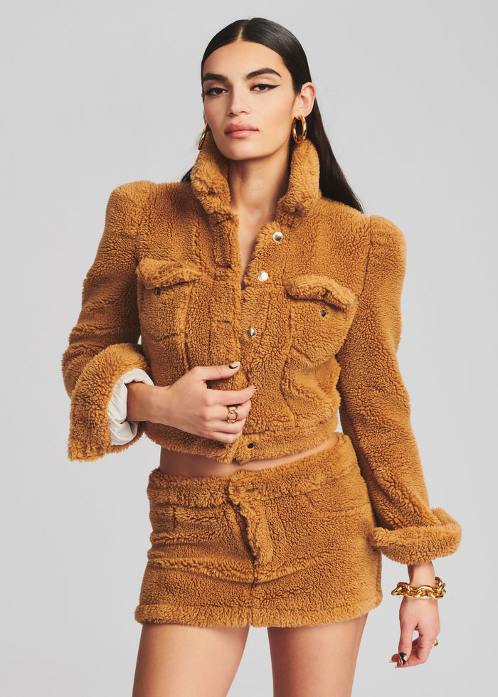 Brie Teddy Jacket in caramel teddy fabric with foldover collar and front pockets on a model media 5 of 5