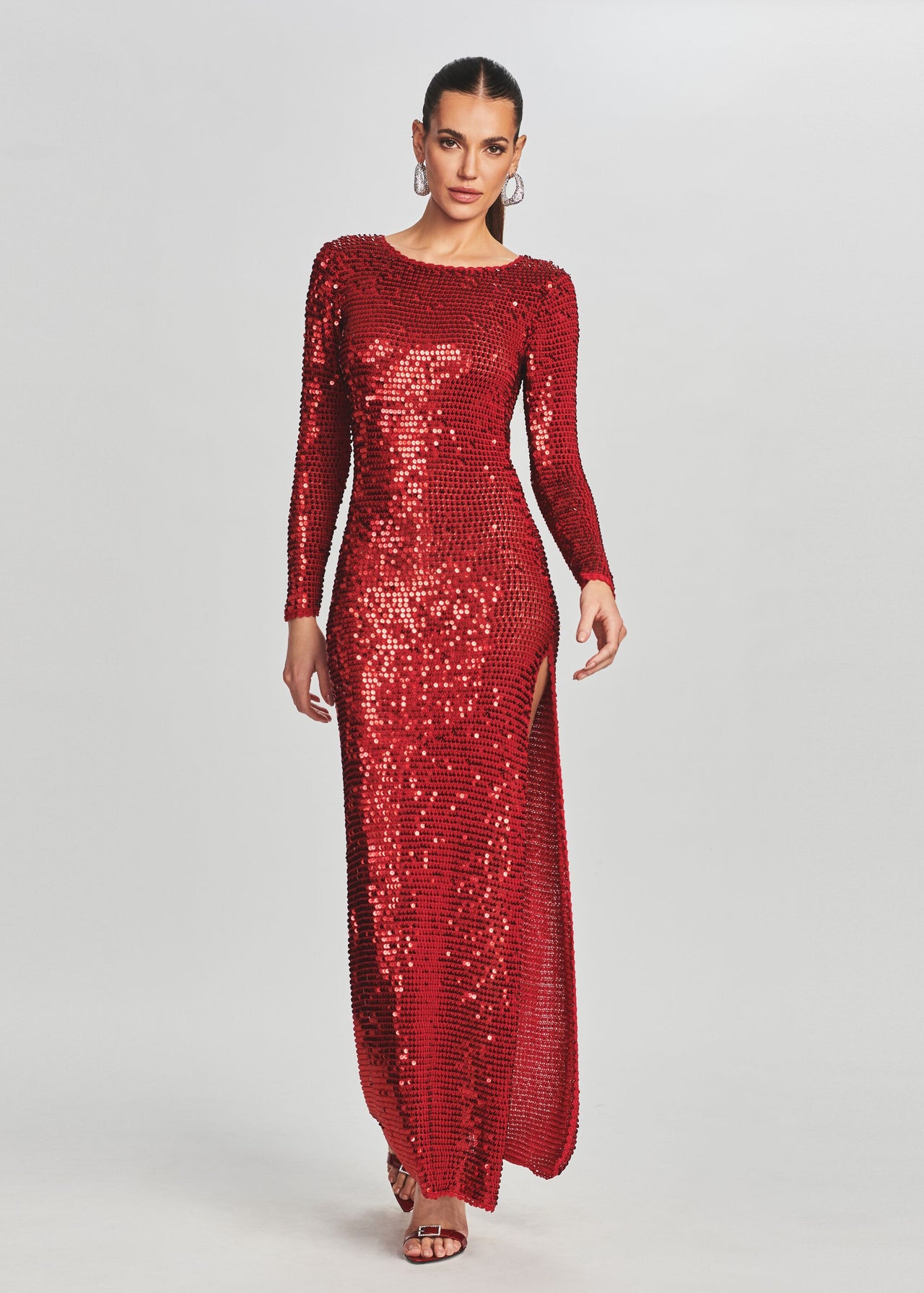 red long sleeve crochet dress Flared Long Sleeve Open Back Maxi Dress In Red Crochet Knit | EGO US