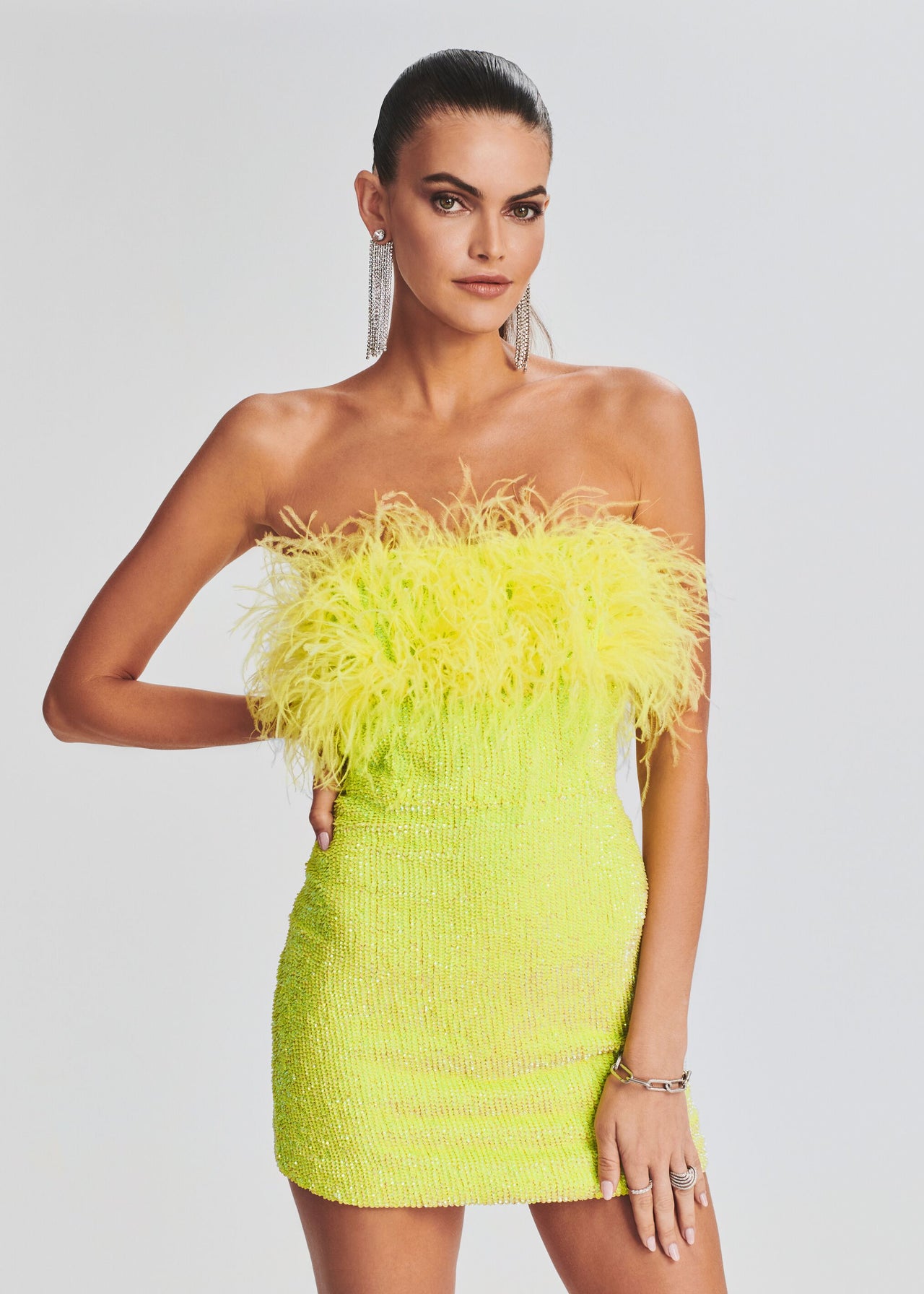 yellow feather dress Torin Sequin Feather Dress – Retrofete
