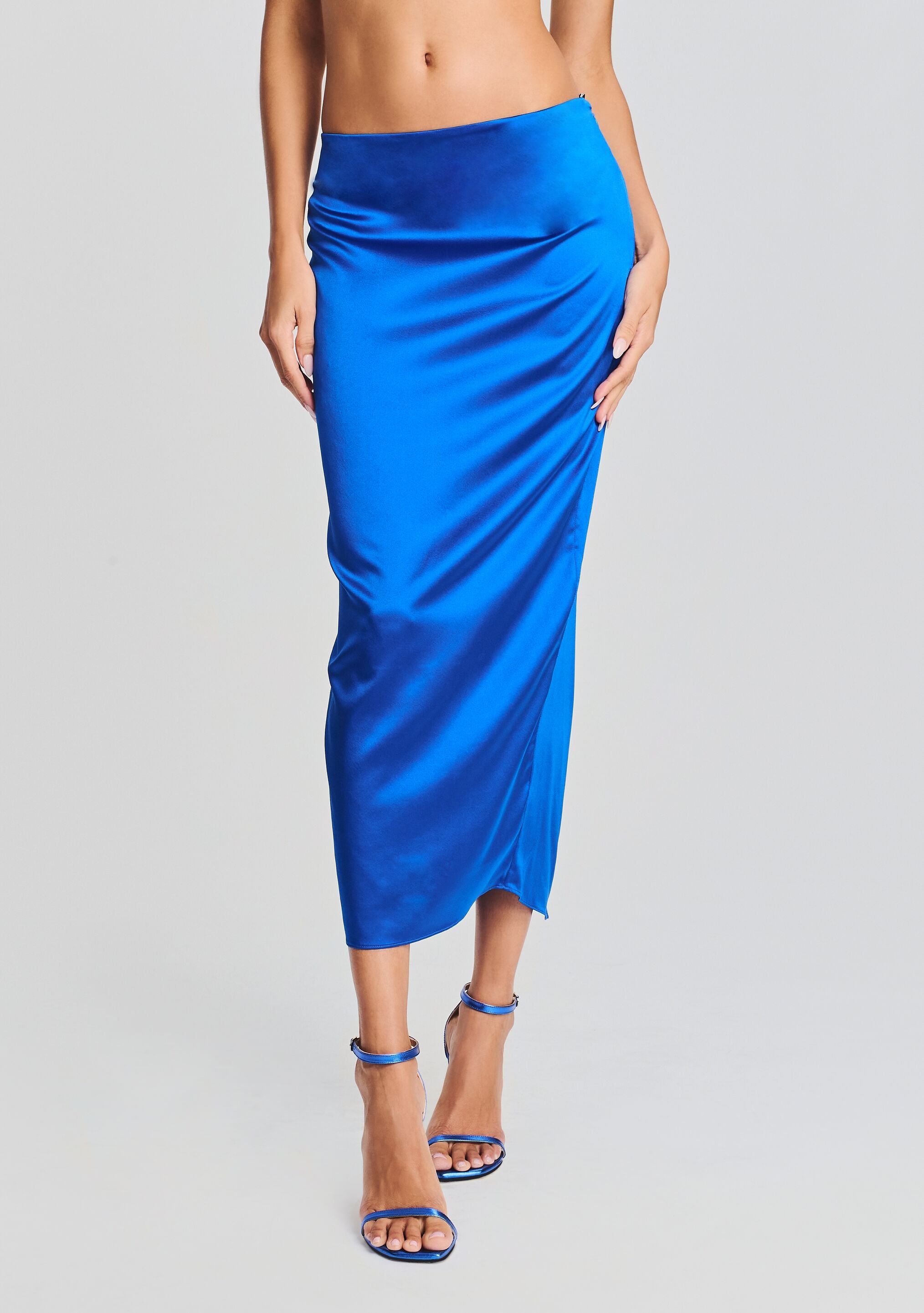 Blue silk midi skirt clearance