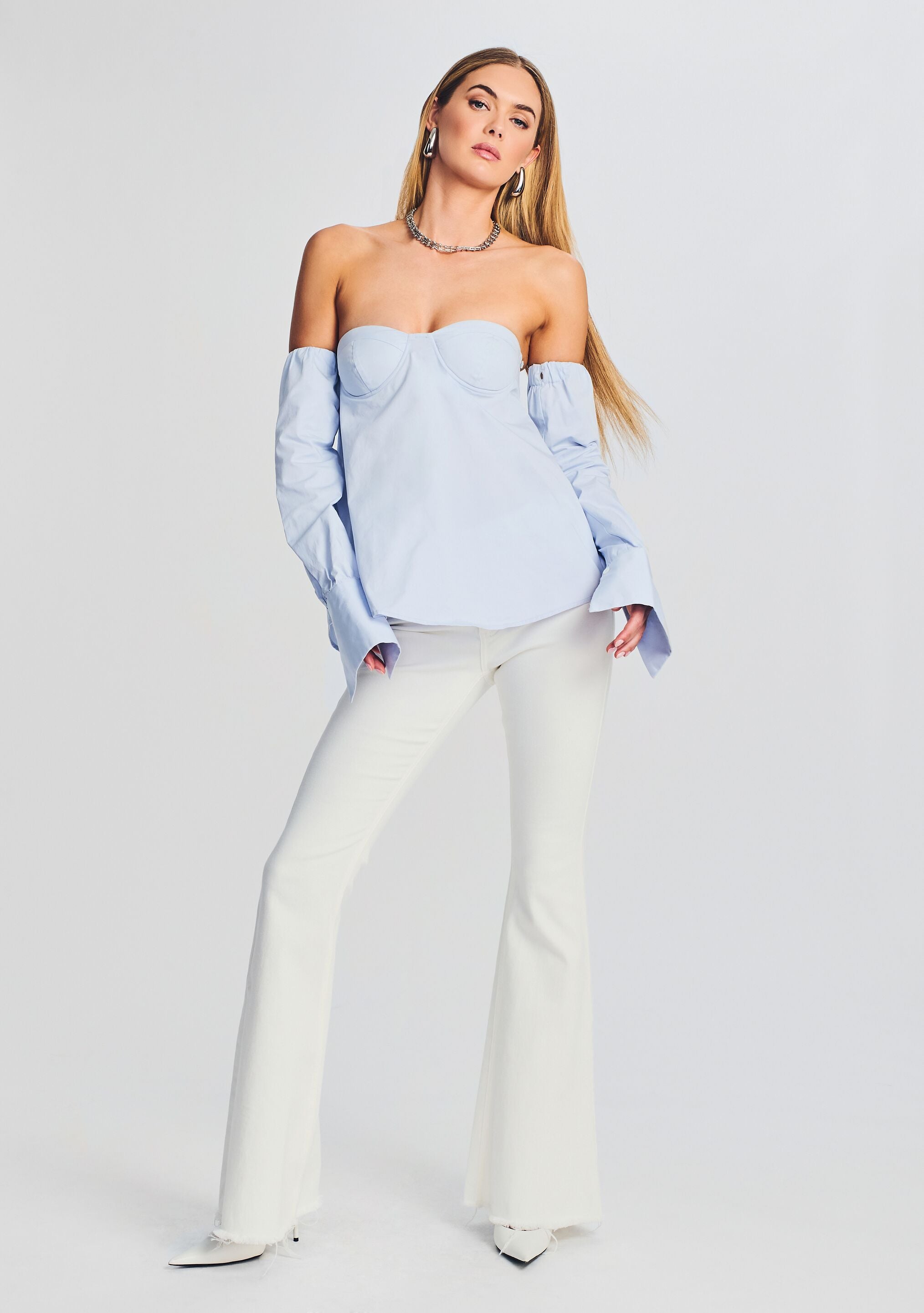 Light blue off hotsell the shoulder shirt