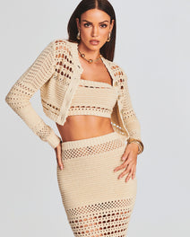 Cream Nico Knit Crochet cardigan worn open on model showing textured crochet detailing.