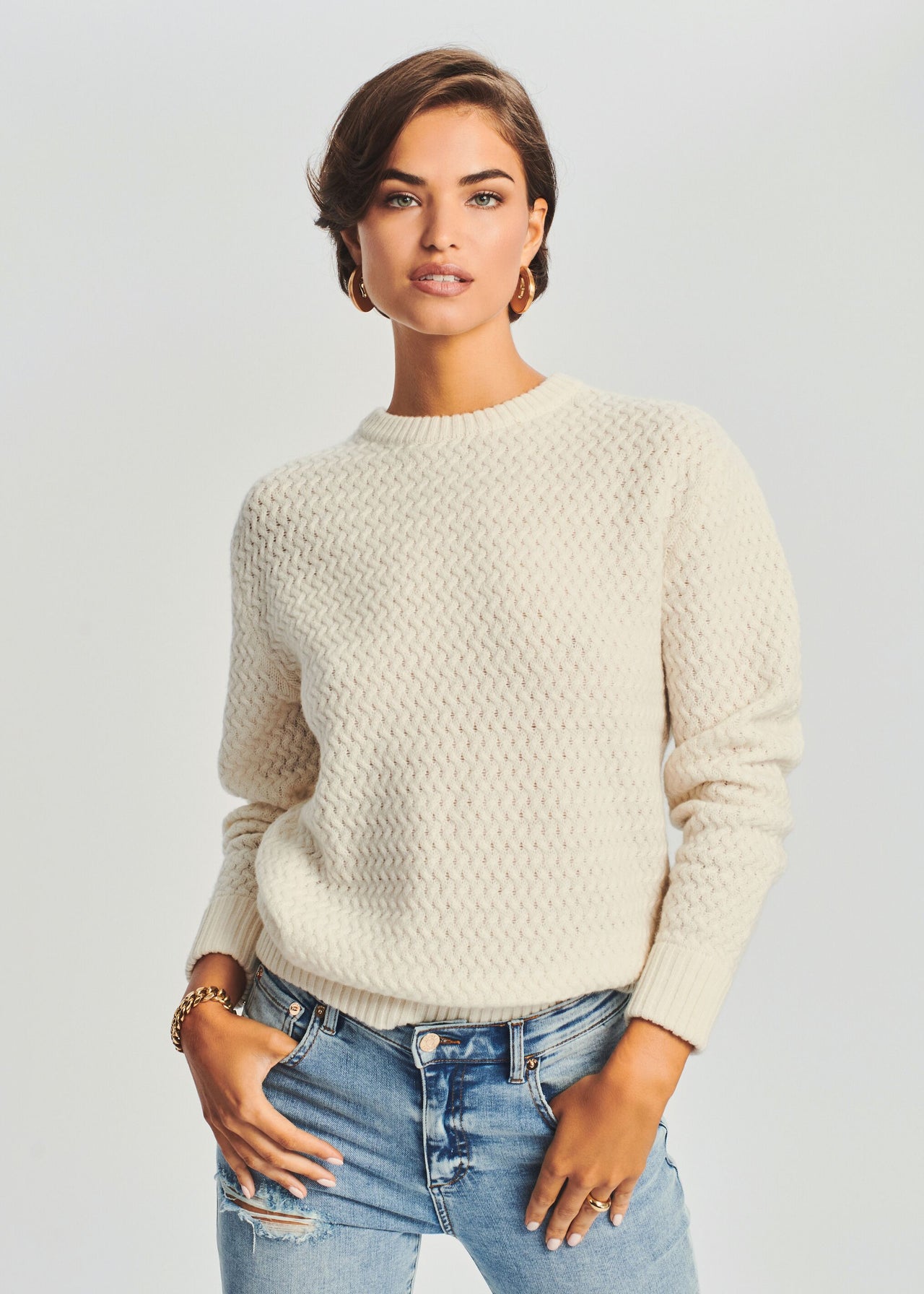 Cream Basic Crew Neck Crop Sweater